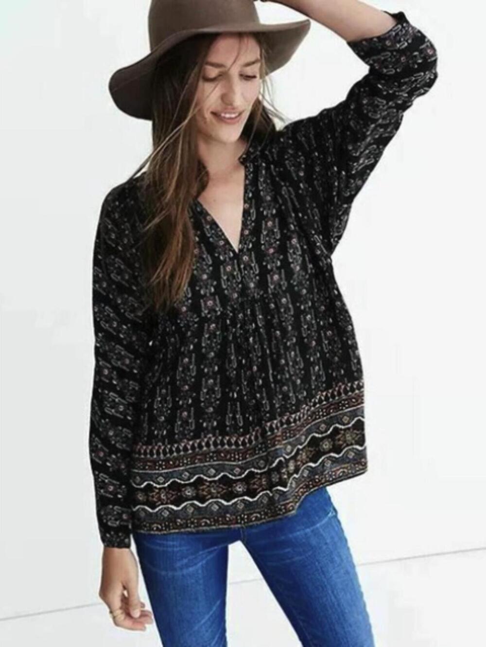 Madewell 100% Silk Black Burnished Floral Bohème Popover Shirt - Size - Small